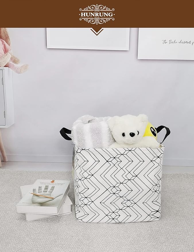HUNRUNG Square Storage Bins Nursery Hamper Canvas Laundry Basket Foldable with Waterproof Nursery Boxes for Shelves/Gift Baskets/Toy Organizer/Office, Bedroom (Square-black transverse geometry)