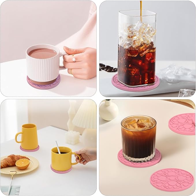 Pink Silicone Coasters Set of 6 with Holder, 4 Inch Non-Slip Decorative Drink Coasters for Bar, Beer, Coffee, Waterproof Cup Mats for Tabletop and Desk Decor, Dishwasher Safe, Cute Housewarming Gift
