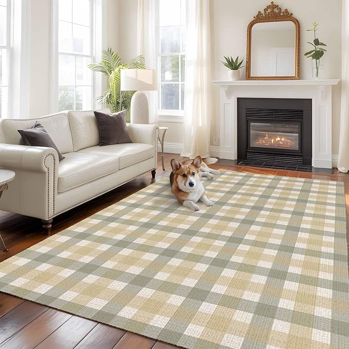 Area Rug 9x12ft, Farmhouse Vintage Beige Tan Buffalo Plaid Washable Rugs for Living Room Bedroom Rectangle Floor Carpet, Rustic Linen Soft Non-Slip Area Rugs for Dining Room