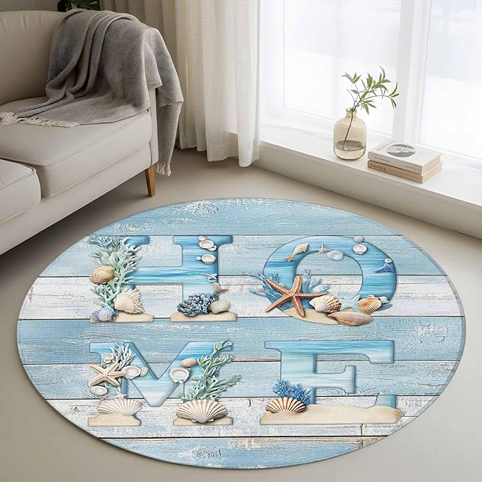 Washable Round Area Rug Summer Ocean Beach Shell Home Quote Circle Rugs Floor Carpet for Living Room Bedroom, Farm Blue Wood Board Soft Non Slip Round Rug 3ft