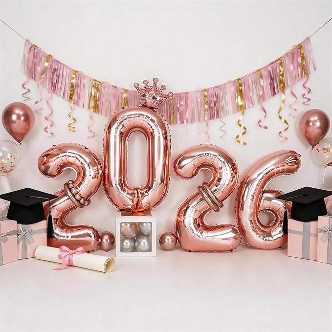 2026 Balloons Rose Gold,40 Inch 2026 Number Balloons with Foil Crown Balloons for Happy New Year Decorations New Years Eve 2026 Graduation Decorations Class of 2026 Party Supplies