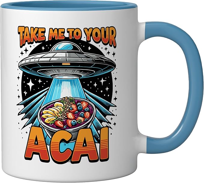 Take Me to Your Acai UFO Abduction Berry Fruit Funny Acai Ceramic Mug, Blue/White