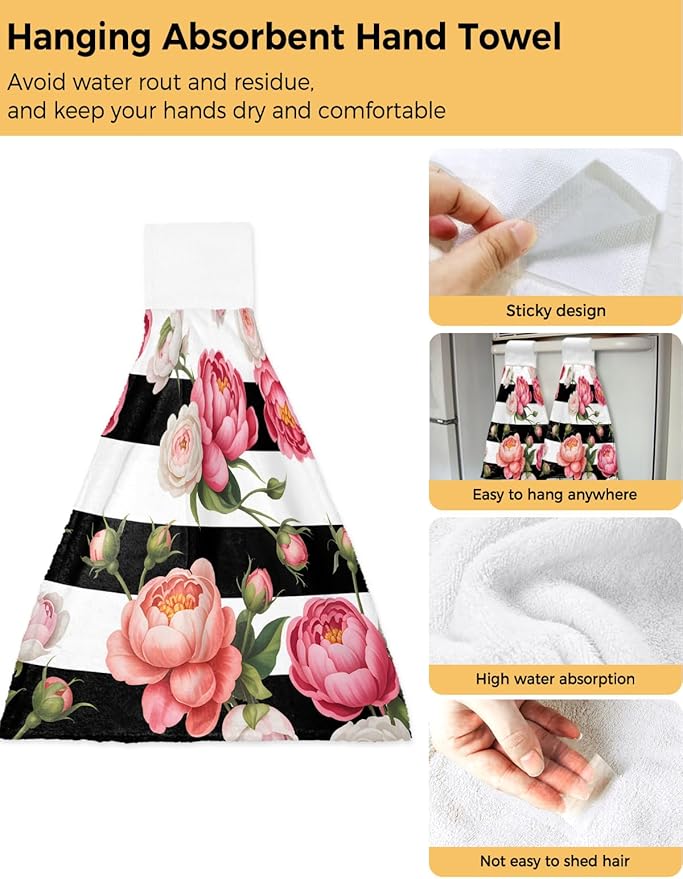 Alandar Home Kitchen Tie Towel Set of 1, Country Pink Rose Flowers Absorbent Soft Hand Towels for Bathroom Hanging Towels, Floral on Black White Striped Fast Drying Cleaning Cloth with Loop