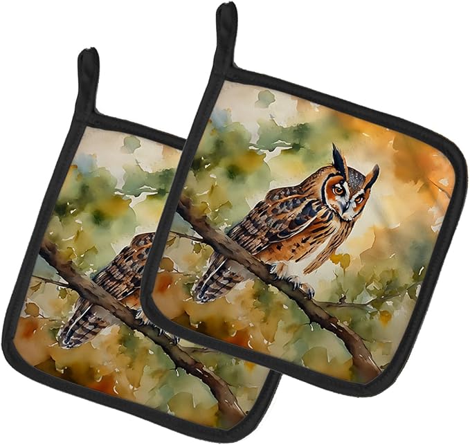 Caroline's Treasures Long-Eared Owl Pair of Pot Holders Kitchen Heat Resistant Pot Holders Sets Oven Hot Pads for Cooking Baking BBQ, 7 1/2 x 7 1/2