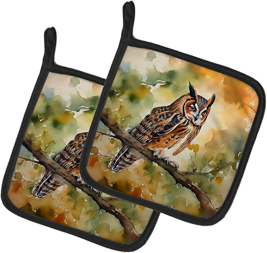 Caroline's Treasures Long-Eared Owl Pair of Pot Holders Kitchen Heat Resistant Pot Holders Sets Oven Hot Pads for Cooking Baking BBQ, 7 1/2 x 7 1/2