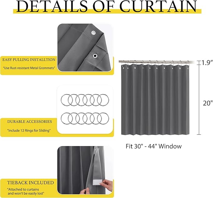 NICETOWN Blackout Curtain Valance for Small Windows, Accordion Style Short Door Curtains for Classroom Privacy, Thermal Insulated Valances for Kitchen Cabinet, 1 Panel, 50" Wide x 20" Long, Grey