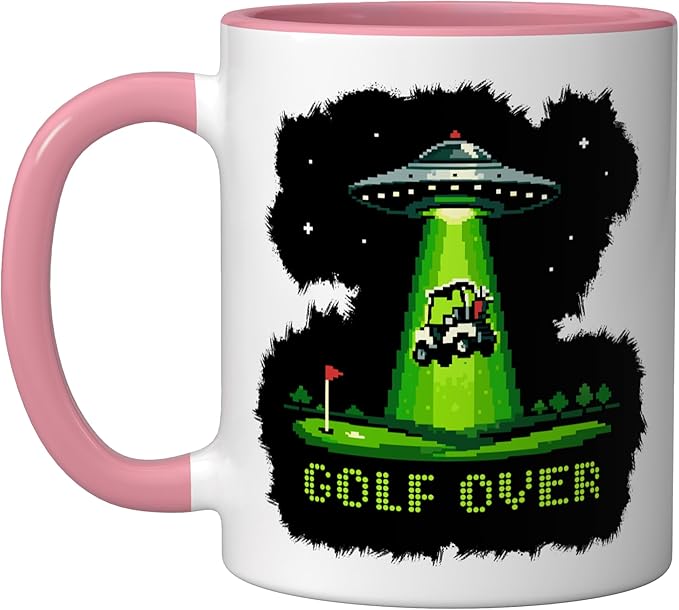 GOLF OVER Retro Funny Pixel Art UFO Abducting Golf-Cart Ceramic Mug, Pink/White