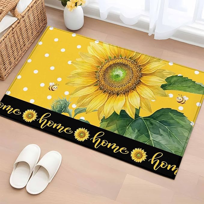 Area Rug 2x3ft, Summer Watercolor Sunflowers Bees Washable Rugs for Living Room Bedroom, Farmhouse Floral Art Soft Non-Slip Area Rugs Rectangle Floor Carpet for Dining Room