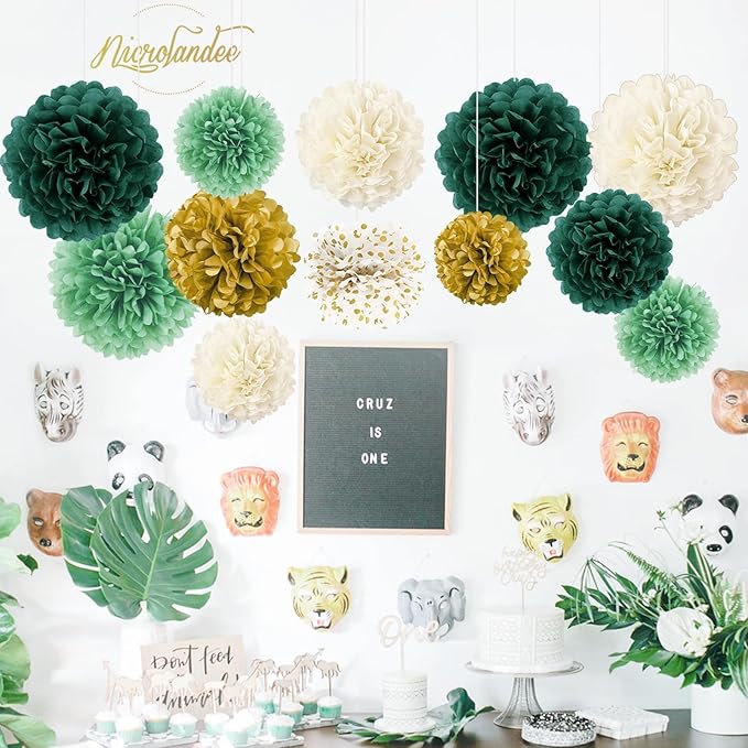 NICROLANDEE Green Wedding Party Decorations - 12 PCS Emerald Green Ivory Tissue Paper Pom Poms for Neutral Baby Shower, Vintage Party, Birthday, Bridal Showers, Rustic Wedding Decorations