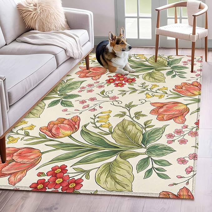Area Rug 3x5ft, Vintage Tulips Red Daisies Washable Rugs for Living Room Bedroom, Yellow Blooms Floral Pattern Soft Non-Slip Area Rugs Rectangle Floor Carpet for Dining Room