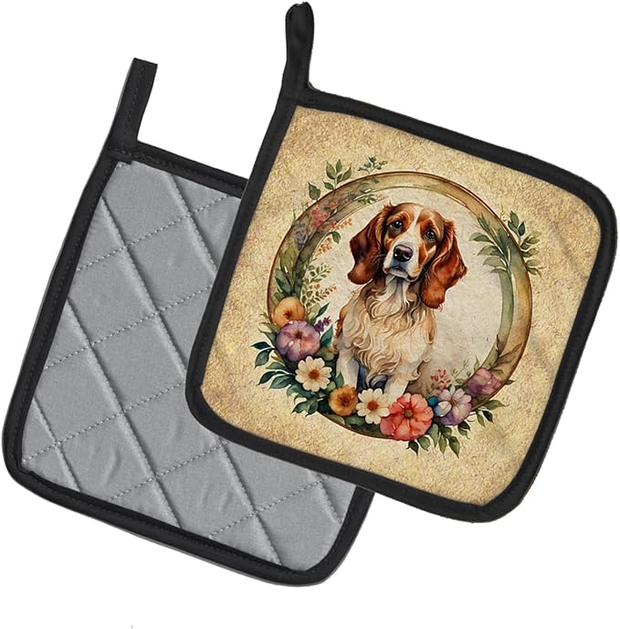 Caroline's Treasures Brittany Spaniel and Flowers Pair of Pot Holders Kitchen Heat Resistant Pot Holders Sets Oven Hot Pads for Cooking Baking BBQ, 7 1/2 x 7 1/2