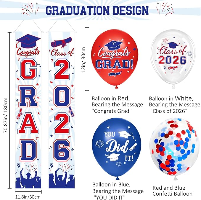 Graduation Decorations 2026 - Red and Blue Graduation Party Supplies Congrats Grad Backdrop & Banner, Hanging Swirls, Porch Sign, Balloons for High School & College Celebrations