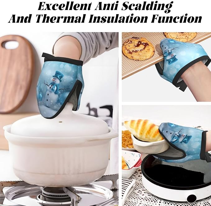 2 Pcs Mini Silicone Oven Mitts Cute Blue Snowman Heat Resistant Grilling Gloves with Hanging Loop, Xmas Tree Bell Little Kitchen Mittens for Cooking Baking BBQ