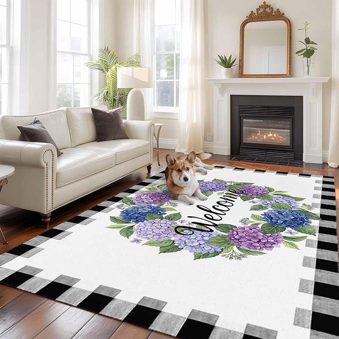 Area Rug 6x9ft, Summer Hydrangea Leaf Washable Rugs for Living Room Bedroom, Purple Blue Flower Buffalo Check Soft Non-Slip Area Rugs Rectangle Floor Carpet for Dining Room