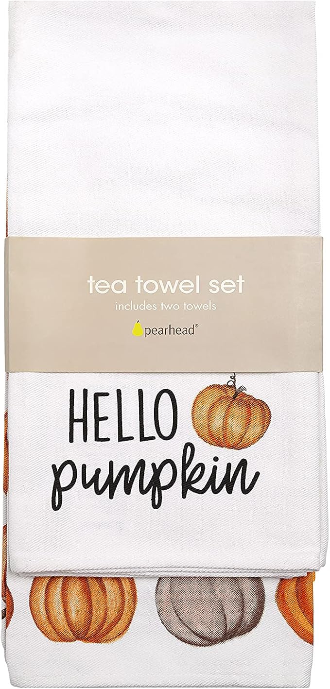 Pearhead Fall Pumpkin Tea Towels Set of 2, Autumn Kitchen Dish Towels with Hello Pumpkin Print and Pumpkin Pattern, Decorative Cotton Hand Towels for Cooking, Baking, and Seasonal Home Décor