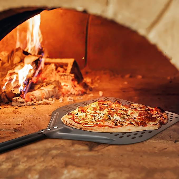 G.a HOMEFAVOR 4-Piece Pizza Tool Set - 12" × 15" Perforated Aluminum Pizza Peel, 9" Round Turning Peel, Pizza Oven Cleaning Brush, Ash Rake, Pizza Oven Accessories, Pizza Kit for Pizza Lover