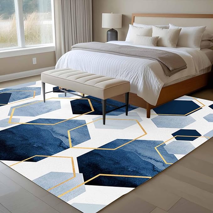 Area Rug 6x9ft, Watercolor Blue Hexagon Washable Rugs for Living Room Bedroom, Abstract Geometric Art Soft Non-Slip Area Rugs Rectangle Floor Carpet for Dining Room