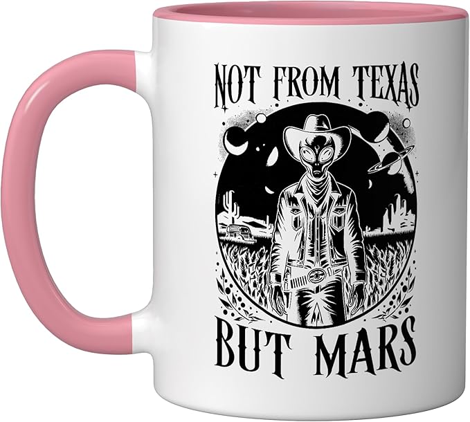 Alien Lover Flying Saucer UFO Extraterrestrial Cowboy Ceramic Mug, Pink/White