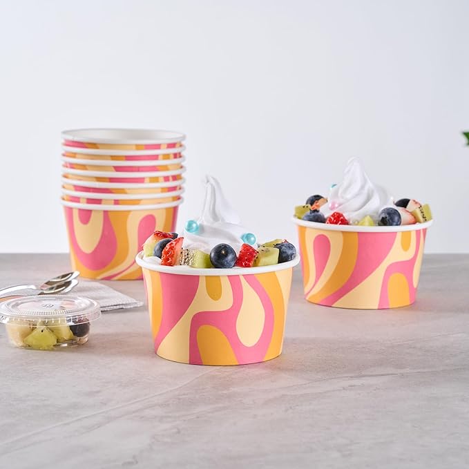 Coppetta 8 Ounce Dessert Cups, 50 Greaseproof Ice Cream Cups - Lids Sold Separately, For Hot And Cold Foods, Tropical Twist Paper Yogurt Bowls, Disposable, Sturdy - Restaurantware