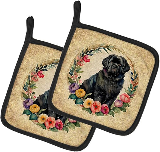 Caroline's Treasures Newfoundland and Flowers Pair of Pot Holders Kitchen Heat Resistant Pot Holders Sets Oven Hot Pads for Cooking Baking BBQ, 7 1/2 x 7 1/2