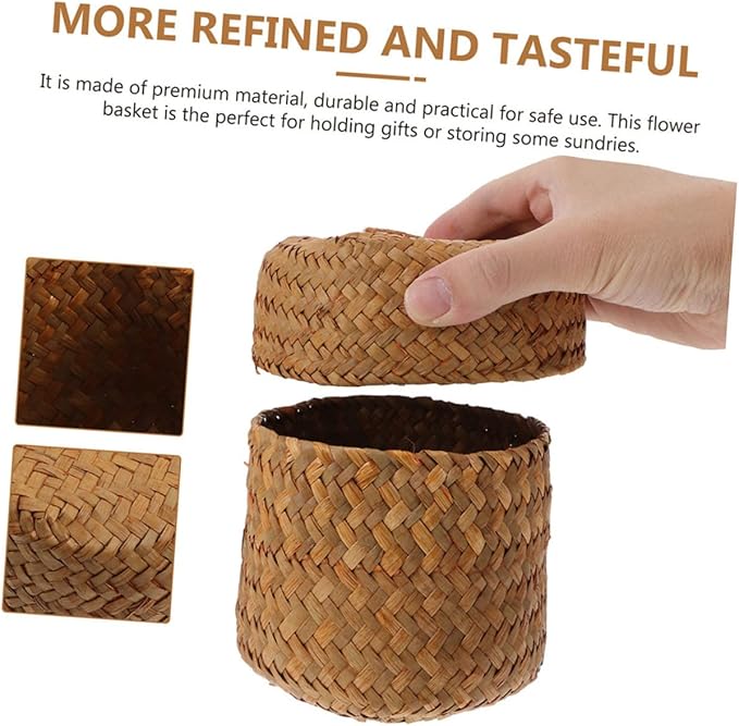 4pcs Hand Woven Seagrass Storage Baskets Lid Rustic Decorative Bins for Organizing Home Kitchen Party Supplies Lightweight Reusable Miniature Containers Yellow