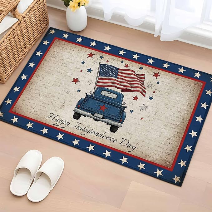 Area Rug 2x3ft, Happy Independence Day USA Flag Washable Rugs for Living Room Bedroom, Retro Blue Truck Soft Non-Slip Area Rugs Rectangle Floor Carpet for Dining Room