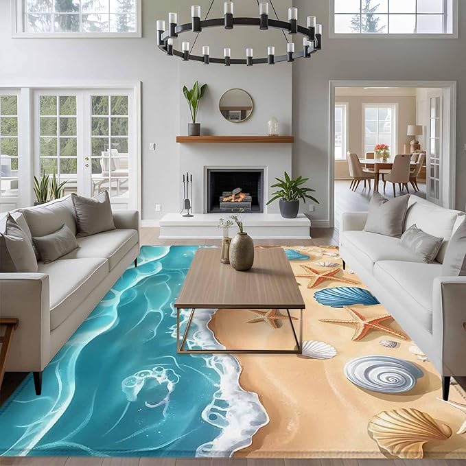 Area Rug 6x9ft, Summer Beach Shell Starfish Washable Rugs for Living Room Bedroom, Marine Life Cartoon Style Soft Non-Slip Area Rugs Rectangle Floor Carpet for Dining Room