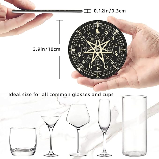 Celtic Wiccan Magic Pentagrams Leather Drinks Coasters with Holder, Set of 6, Suitable for Various Cups