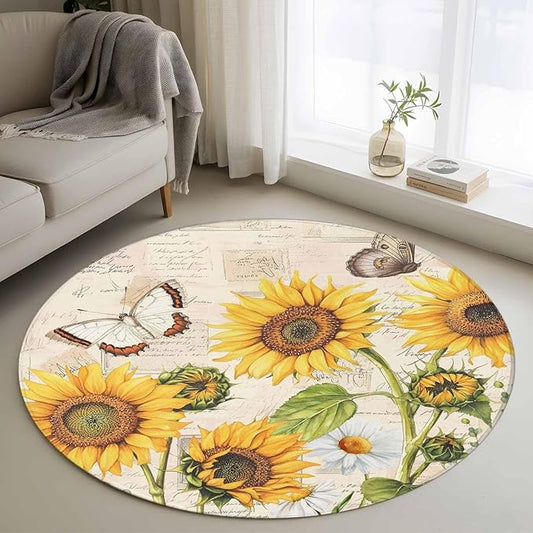 Sunflower Farmhouse 3.3ft Round Rug, Retro Floral Butterflies Non-Skid Rubber Backing Large Area Rugs - Living Room Bedroom Home Office, Spring Summer Indoor Floor Mat Carpets Washable Rug