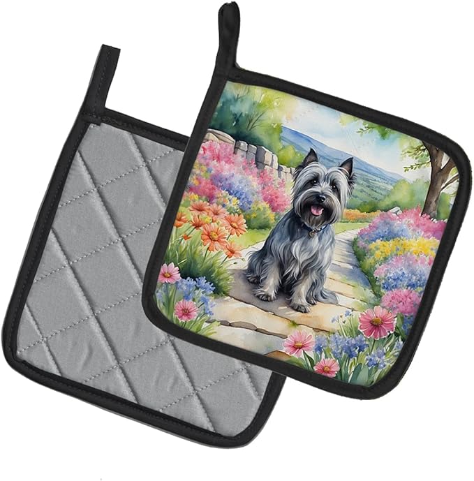 Caroline's Treasures Skye Terrier Spring Path Pair of Pot Holders Kitchen Heat Resistant Pot Holders Sets Oven Hot Pads for Cooking Baking BBQ, 7 1/2 x 7 1/2