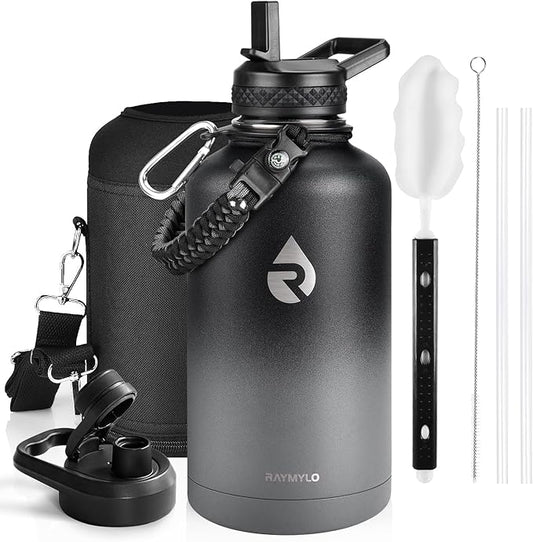 RAYMYLO Insulated Water Bottle 64 oz, Triple Wall Vacuum Stainless Steel (Cold for 48 Hrs), Leak Proof & Non-BPA, Half Gallon Water Flask Jug with Paracord Handle & Straw Spout Lids, Dark Gray