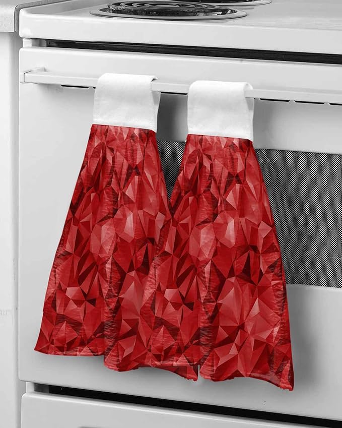 Alandar Home Kitchen Tie Towel Set of 1, Red Geometric Stereotypic Art Absorbent Soft Hand Towels for Bathroom Hanging Towels, Abstract Modern Patterns Fast Drying Cleaning Cloth with Loop