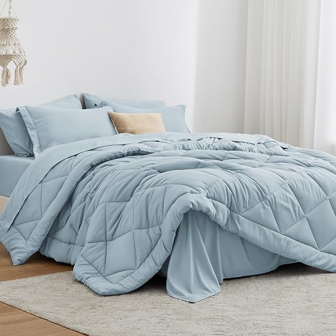 Love's cabin Twin Comforter Set Light Blue, 5 Pieces Twin Bed in a Bag, All Season Bedding Sets with 1 Comforter, 1 Flat Sheet, 1 Fitted Sheet, 1 Pillowcase and 1 Pillow Sham | Soft, Breathable, Lightweight, Comfortable