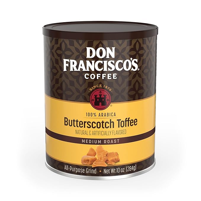 Don Francisco's Butterscotch Toffee Ground Flavored Coffee: Rich 100% Arabica Beans with Sweet Buttery Aroma - Family-Crafted for Delightful Mornings (10 oz Can)