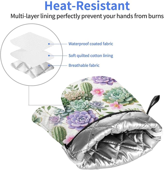 Succulents Oven Mitts of 2 Pack, Funny Kitchen Gloves Heat Resistant Non-Slip Kitchen Mitts for Cooking Baking Grilling