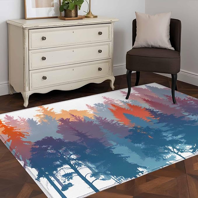 Area Rug 3x5ft, Abstract Trees Forest Silhouette Washable Rugs for Living Room Bedroom, Natural Scene Plants Soft Non-Slip Area Rugs Rectangle Floor Carpet for Dining Room