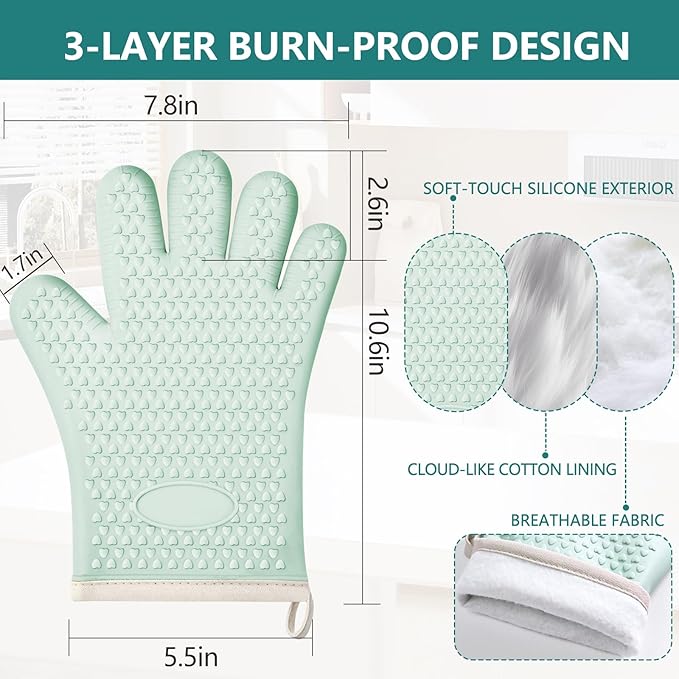 Silicone Oven Mitts Oven Gloves with Fingers 4 Pack, Oven Mitts Heat Resistant 450°F, Oven Mits Waterproof & Non-Slip, Cotton Lined for Kitchen, Home, Baking, BBQ(Green)
