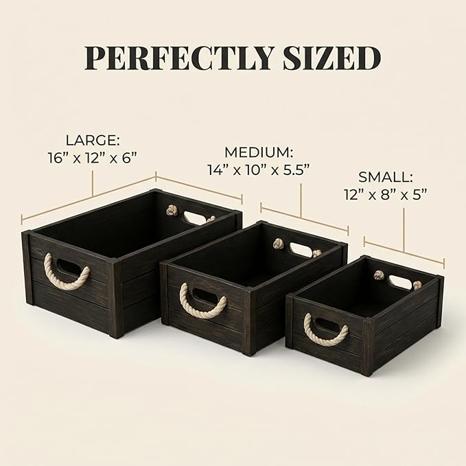 Set of 3 Rustic Nested Wooden Crates with Rope Handles - Decorative Farmhouse Storage Boxes for Kitchen, Living Room & Bathroom - Modern Wood Grain Home Organization