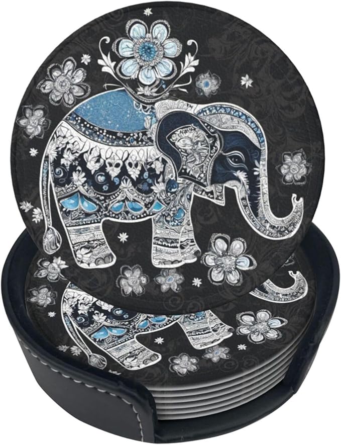 Famame 6 Pcs Ethnic Floral Elephant Leather Coasters for Drinks with Holder Coaster Sets Drink Table Cup Coasters for Living Room Kitchen Coffee Decor
