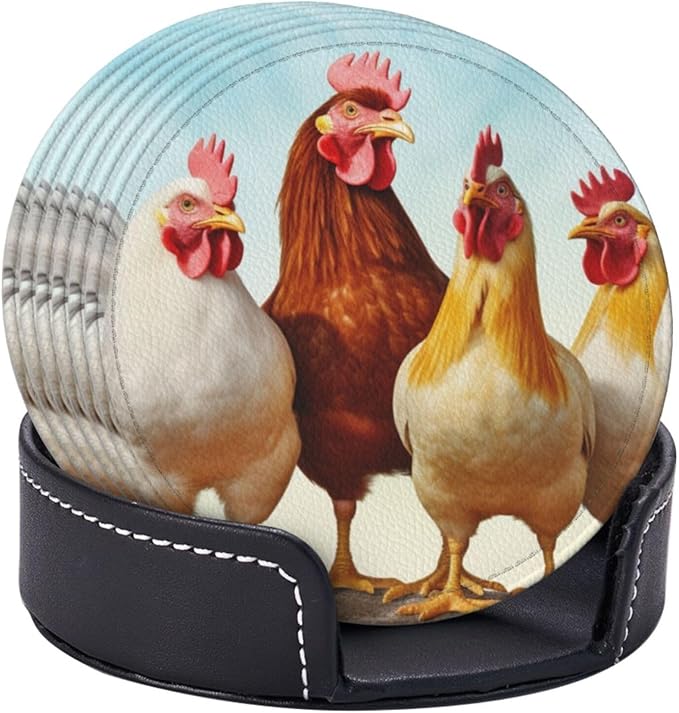 Famame 6 Pcs Chicken Roosters Farm Animals Leather Coasters for Drinks with Holder Coaster Sets Drink Table Cup Coasters for Living Room Kitchen Coffee Decor