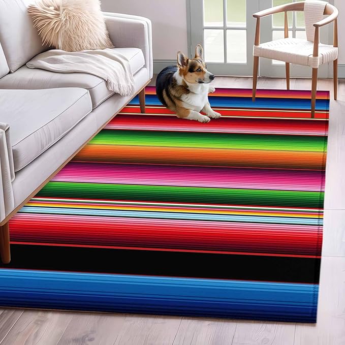Area Rug 3x5ft, Mexico Art Colorful Stripes Washable Rugs for Living Room Bedroom, Color Gradient Lines Soft Non-Slip Area Rugs Rectangle Floor Carpet for Dining Room