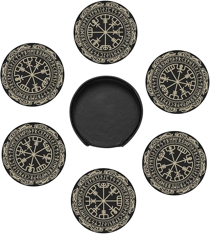 Black Viking Leather Drinks Coasters with Holder, Set of 6, Suitable for Various Cups