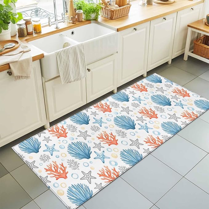 Runner Rug for Bedroom Hallway, Coastal Starfish Shell Coral Kitchen Runner Rugs Area Rug 2x6ft, Ocean Bubble Blue Black Orange Washable Soft Floor Carpet for Entryway Stair