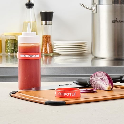 Restaurantware Silicone Squeeze Bottle Band 10 Count 2.75 Inch Dishwasher Safe Condiment Identification Band, Chipotle Red Non-Slip Label Band for Condiment Labeling at Restaurants, Food Trucks
