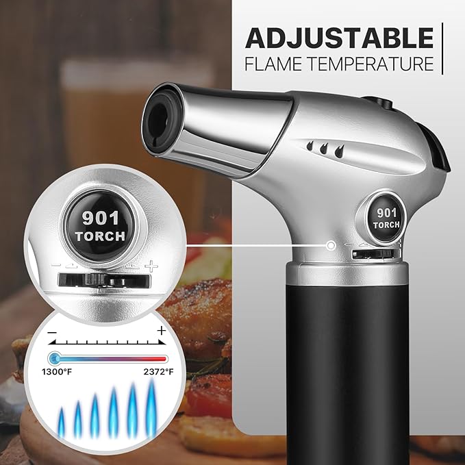 mollie Mini Butane Torch Lighter with Adjustable Flame, Small Refillable Kitchen Cooking Blow Torch for Creme Brulee, Windproof Baking Torch with Safety Lock, Silver (Butane Gas Not Included)