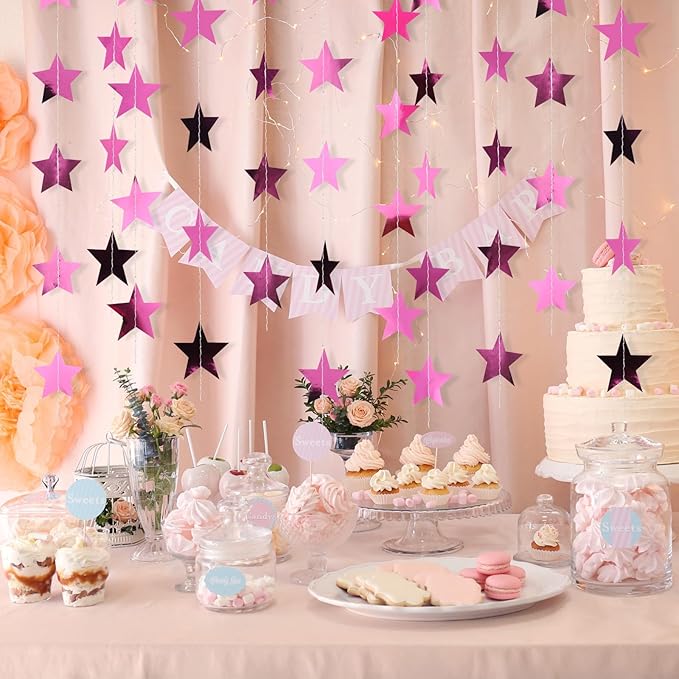 Patelai 78 Feet Glitter Star Garland Banner 2026 Party Decoration Double Side Star Hanging String Streamer Paper Twinkle for Graduation Wedding Birthday (Pink)