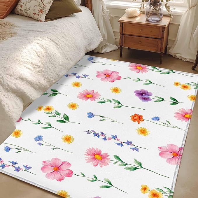 Area Rug 4x6ft, Watercolor Farmhouse Flower Washable Rugs for Living Room Bedroom, Yellow Pink Purple Blue Floral Soft Non-Slip Area Rugs Rectangle Floor Carpet for Dining Room