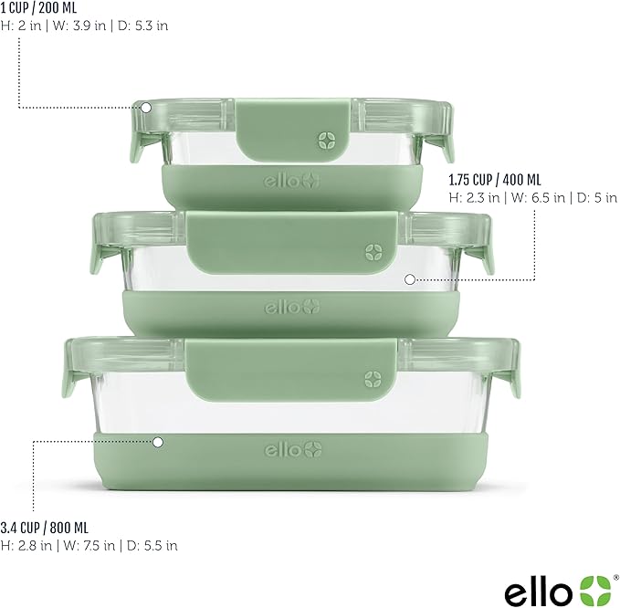 Ello Duraglass Refresh Mixed Meal Prep Set 6Pc, 3 Pack - Glass Food Storage Container with Silicone Boot and Airtight BPA-Free Plastic Lids, Dishwasher, Microwave and Freezer Safe, Cactus