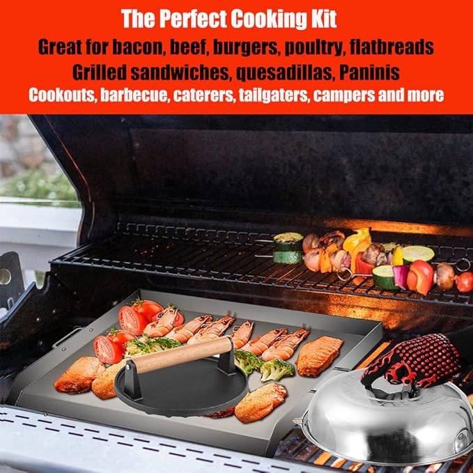 4 Piece Griddle Accessories Kit for Blackstone- 12'' Cheese Melting Dome Stainless Steel with 7'' Burger Bacon Press and 2 Pcs BBQ Heat Resistant Gloves for Flat Top Griddle Grill Indoor Outdoor