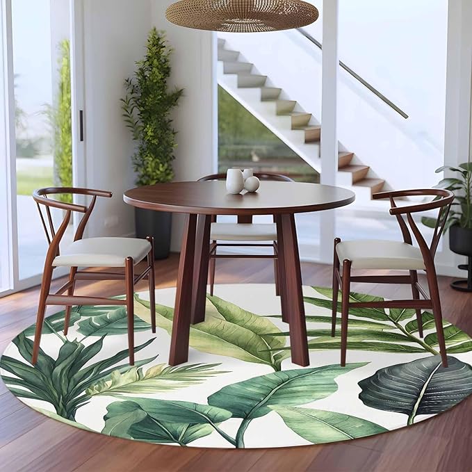 Washable Round Area Rug Summer Green Tropical Palm Leaves Circle Rugs Floor Carpet for Living Room Bedroom, Watercolor Plant Soft Non Slip Round Rug 5ft